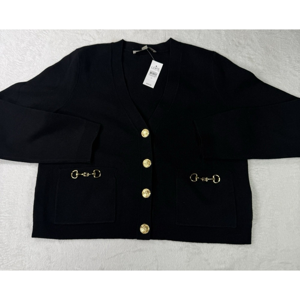 LOFT Cardigan Sweater Womens Medium Black Button Up Gold Buttons Horsebit NWT